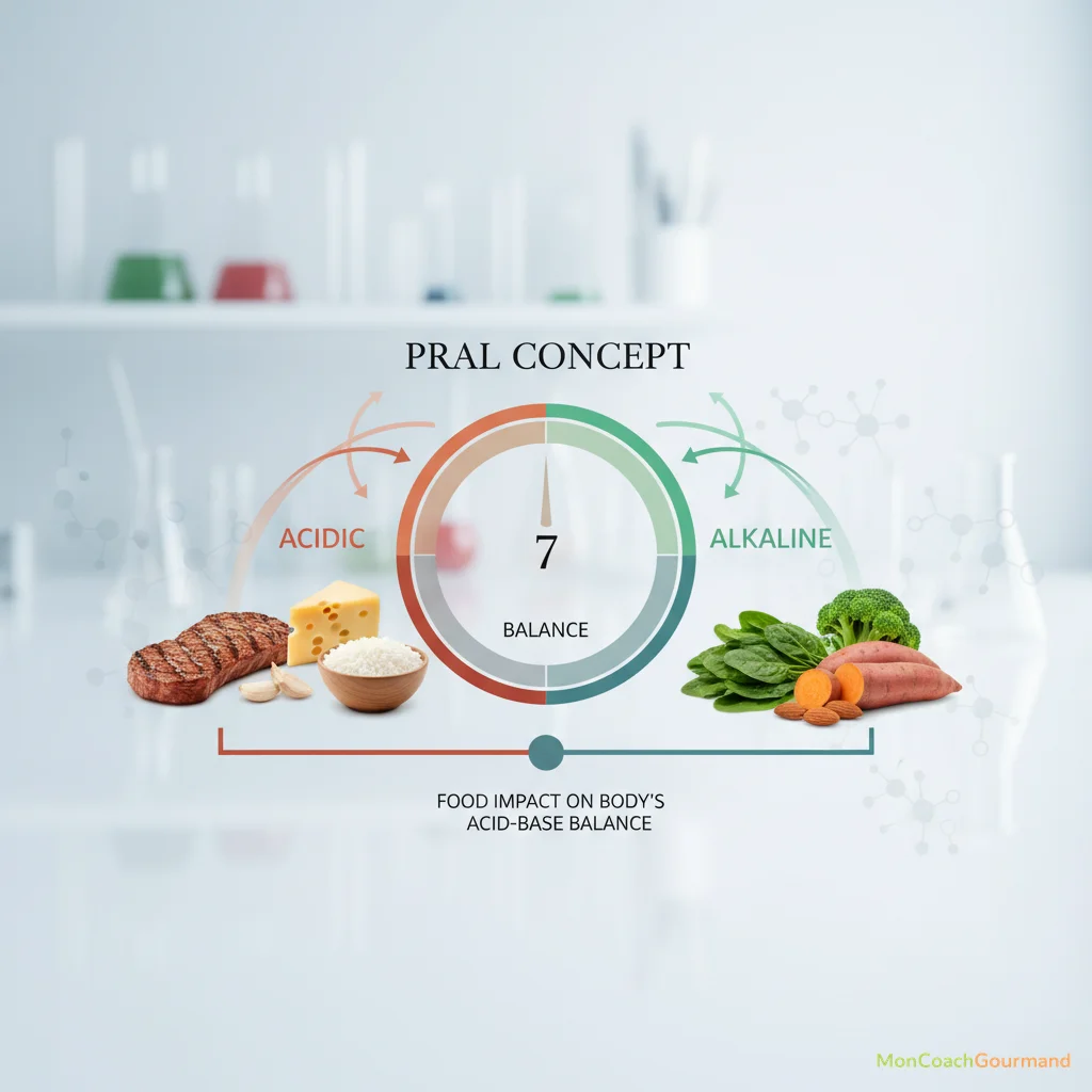 Illustration du concept de PRAL avec des flèches montrant l'impact des aliments sur l'équilibre acido-basique du corps.