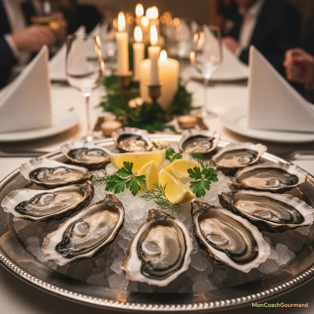 Femme réfléchissant devant un plateau d'huîtres, illustrant les précautions alimentaires