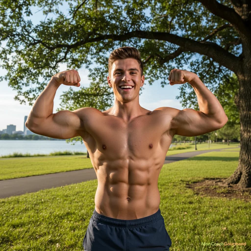 Un jeune homme montrant sa transformation physique réussie grâce à la recomposition corporelle, avec une expression de fierté.