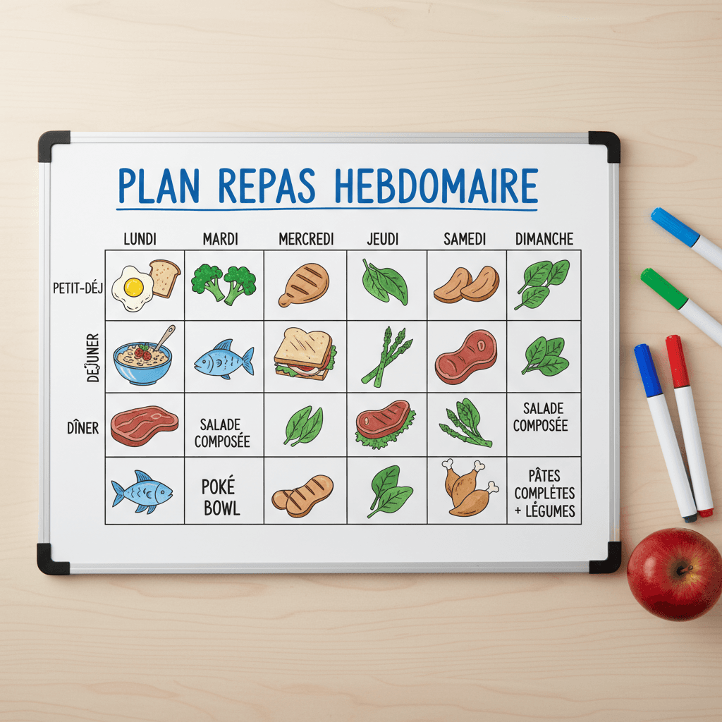Plan de repas détaillé pour le régime Thonon sur une table, avec des aliments spécifiques et un calendrier.