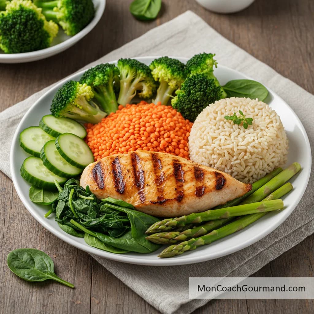 Assiette équilibrée riche en protéines avec viande maigre, légumes verts et féculents, illustrant une alimentation pour la prise de masse musculaire.