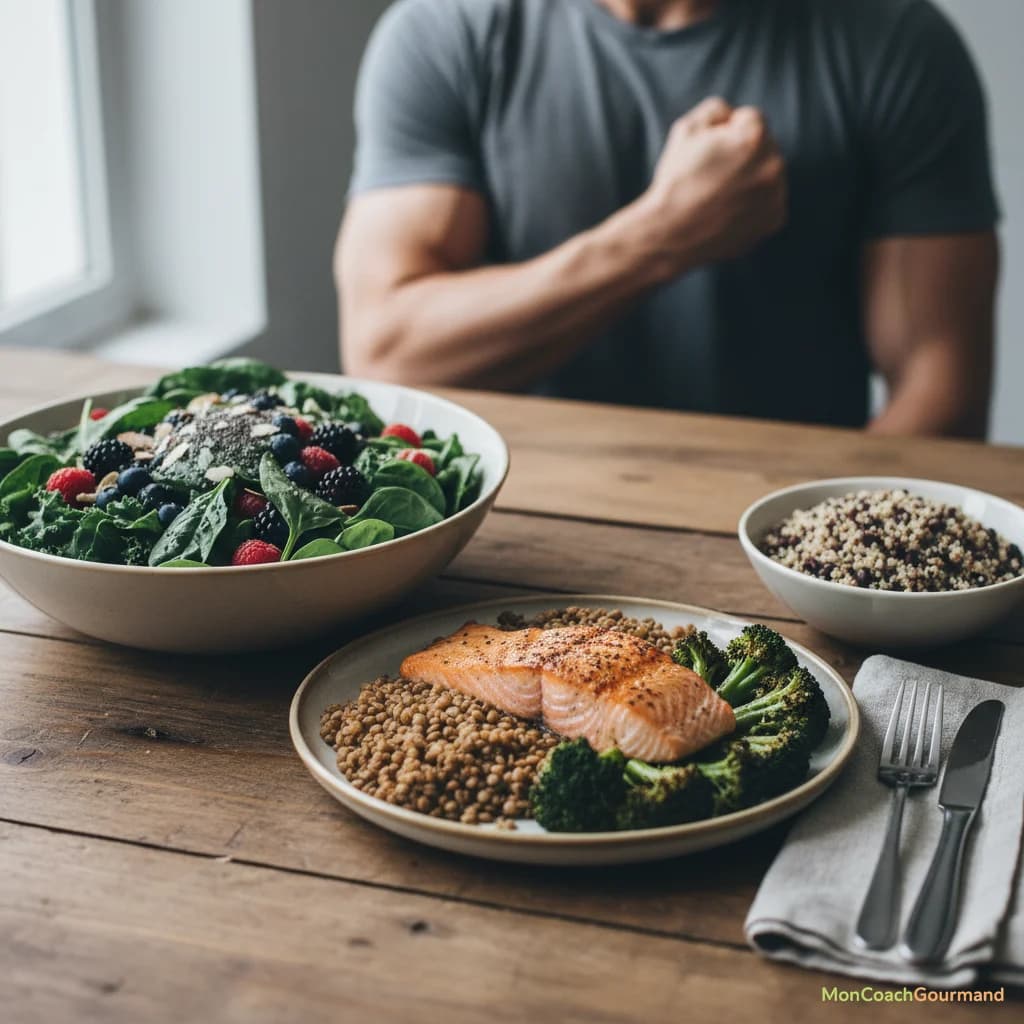 Aliments riches en protéines (poisson, légumineuses) et en fibres (légumes, fruits) disposés pour un repas sain et équilibré.