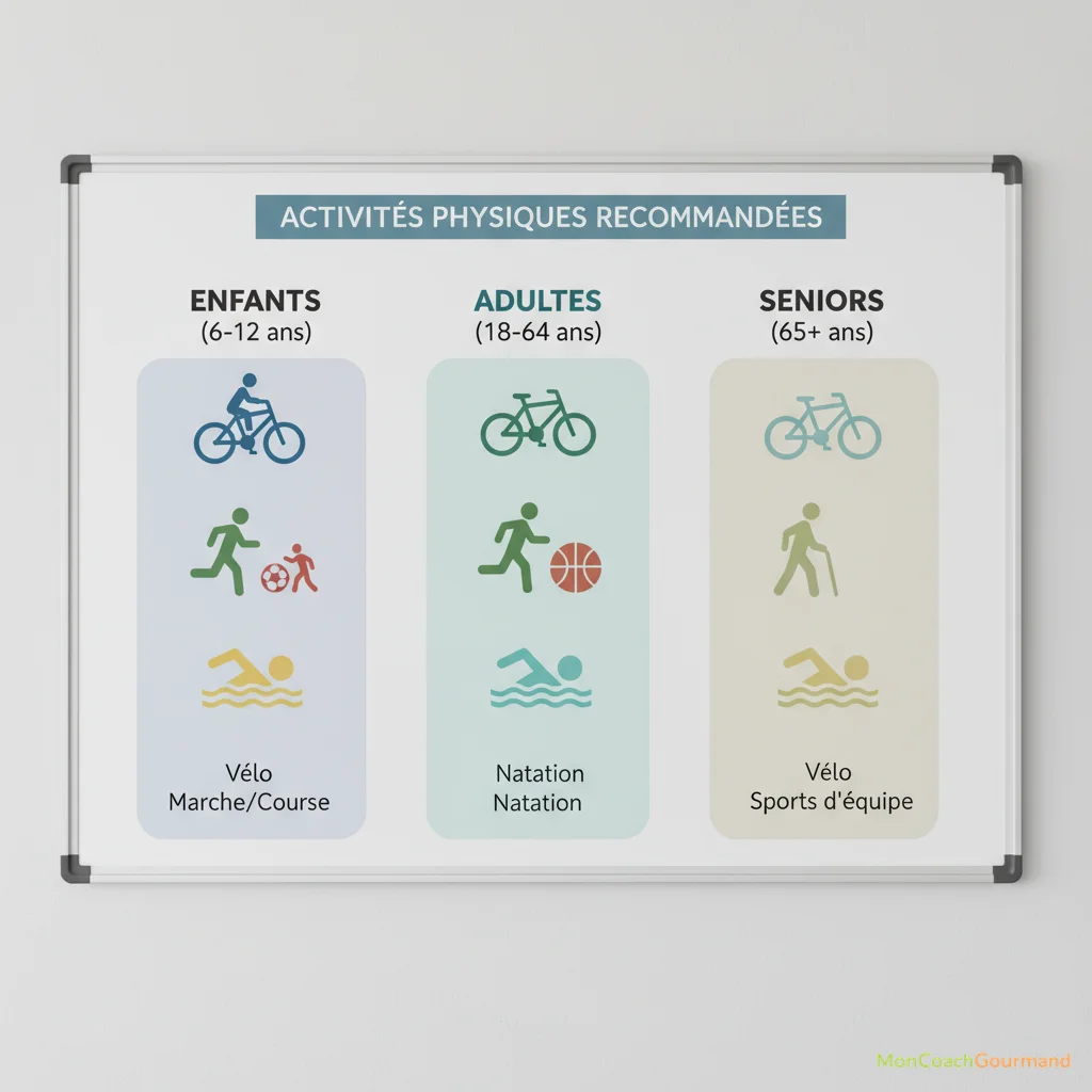 Un tableau illustrant les différentes activités physiques recommandées par tranche d'âge, avec des icônes pour le vélo, la marche, la natation et les sports d'équipe.