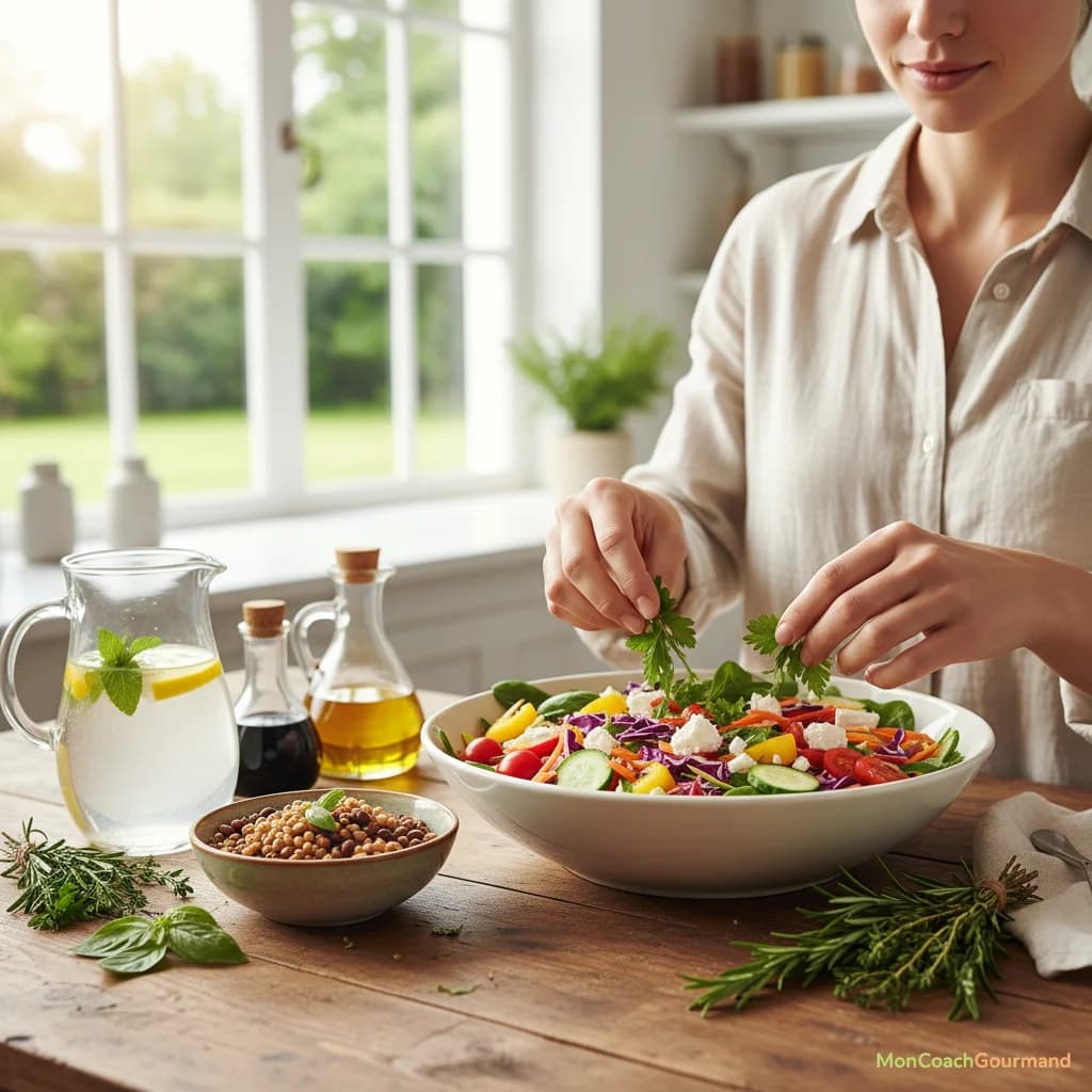 Une main ajoute des légumes verts frais dans une salade colorée, à côté d'une assiette avec des légumineuses et des herbes aromatiques, symbolisant un repas équilibré et alcalinisant.