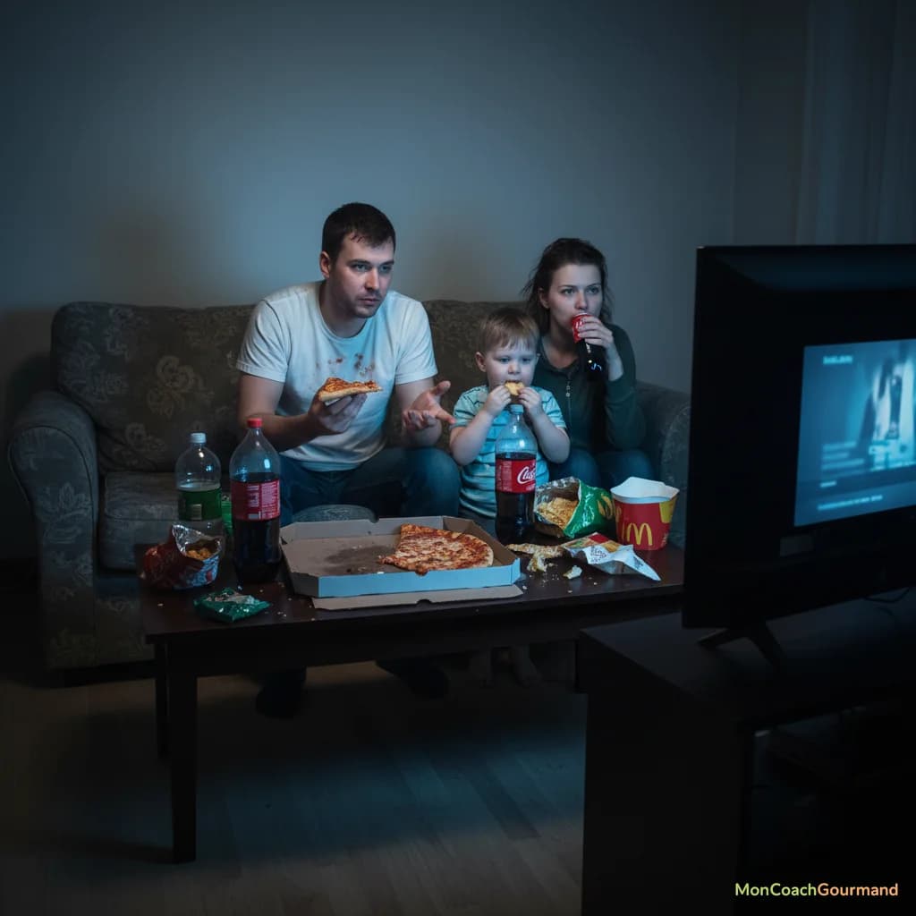 Une famille mangeant des plats préparés, des aliments ultra-transformés (pizza industrielle, sodas, chips) devant la télévision, ambiance terne, symbolisant les risques pour la santé.