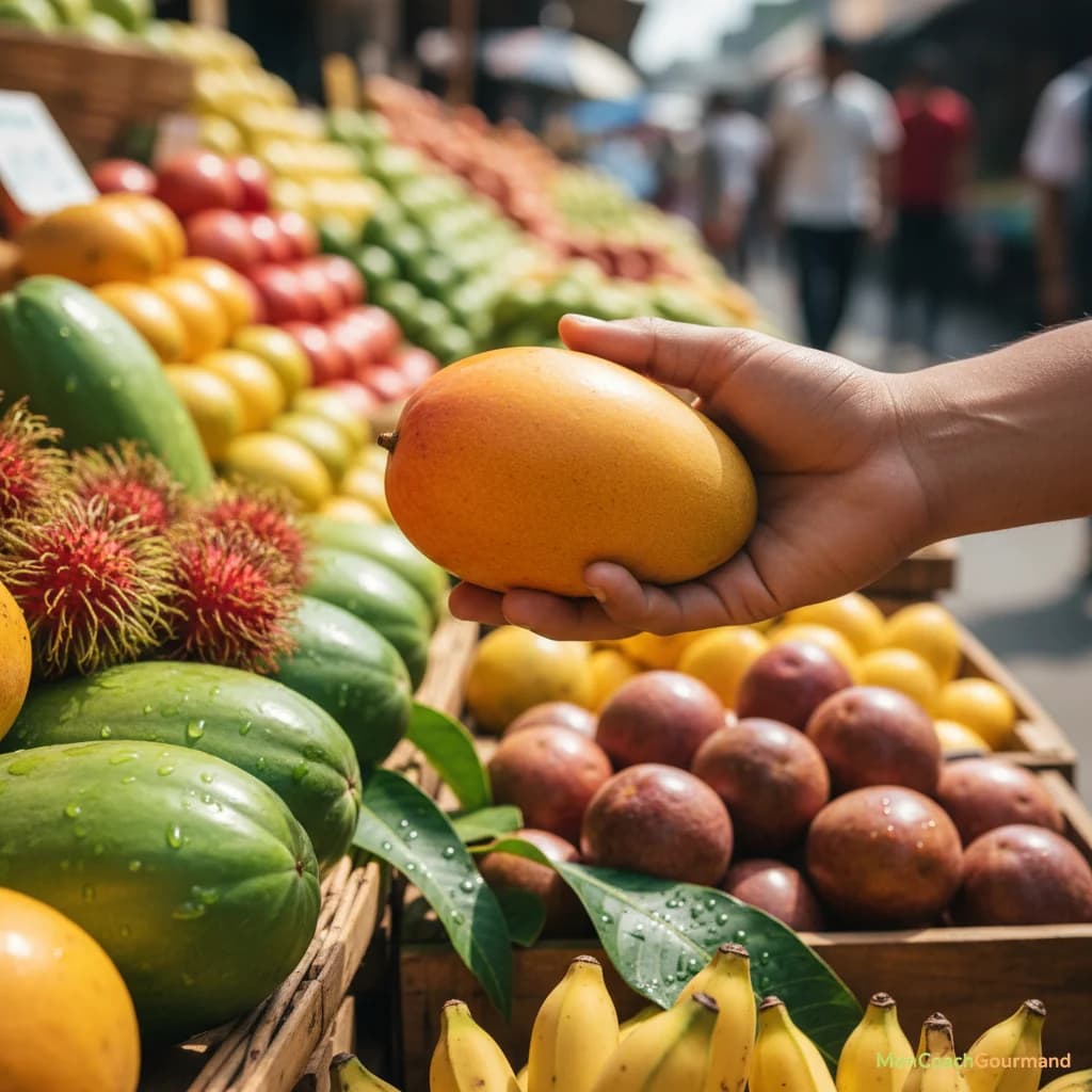 Une main choisissant une mangue parfaitement mûre sur un étal de marché coloré, avec d'autres fruits exotiques en arrière-plan. L'image est réaliste et met l'accent sur la qualité du produit.