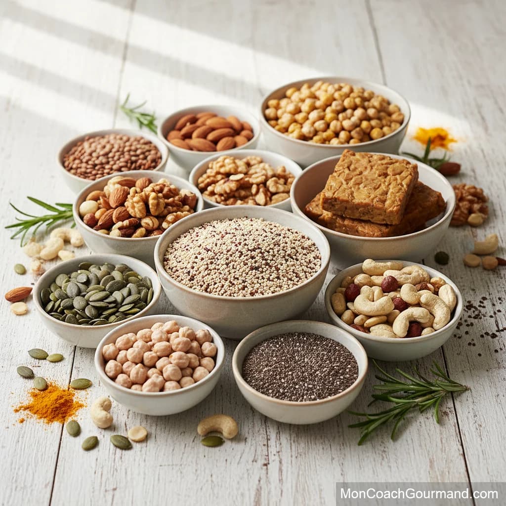 Un assortiment coloré de différentes sources de protéines végétales comme des lentilles, des pois chiches, du quinoa, du tofu et des noix, dans des petits bols sur une table en bois