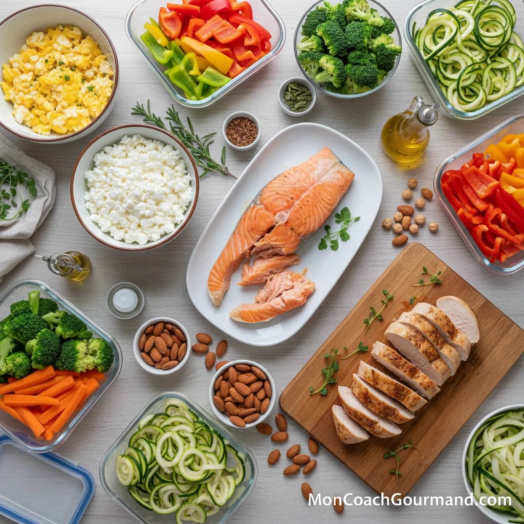 Une variété d'aliments riches en protéines sur une table de cuisine : poulet, œufs, lentilles, yaourt grec, noix, poisson, illustrant une alimentation diversifiée.