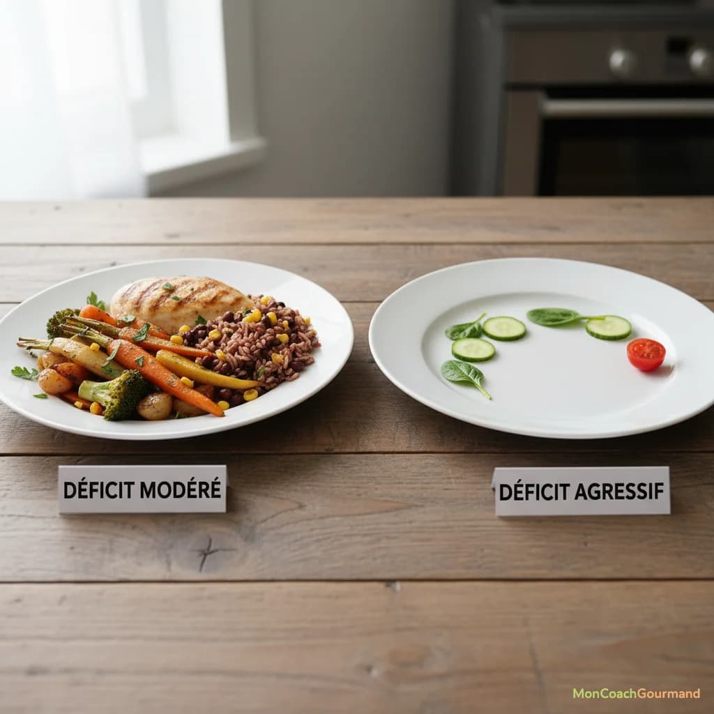 Deux assiettes comparées : une avec des portions modérées et variées (déficit modéré), l'autre avec des portions très réduites (déficit agressif), symbolisant les deux approches du déficit calorique. Aspect ratio 16:9.