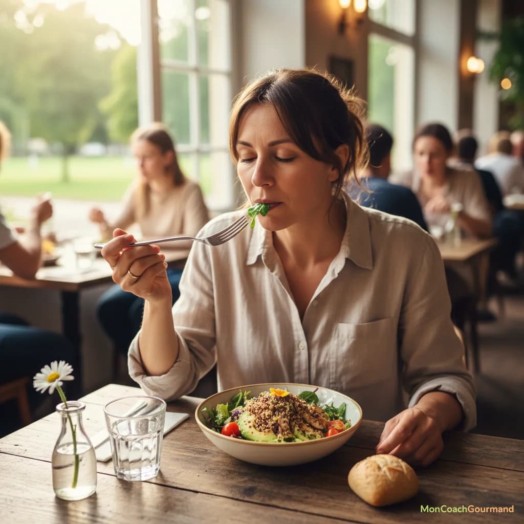 Une personne déjeunant seule à une table, prenant le temps de sentir son plat, de mâcher lentement, sans téléphone ni distractions, illustrant les techniques d'alimentation en pleine conscience
