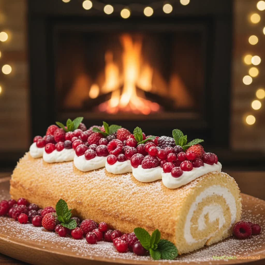 Une famille réunie autour d'une table de Noël, partageant une bûche de manière conviviale. Les parts sont raisonnables, et les visages affichent le plaisir et la modération. L'image doit être réaliste.