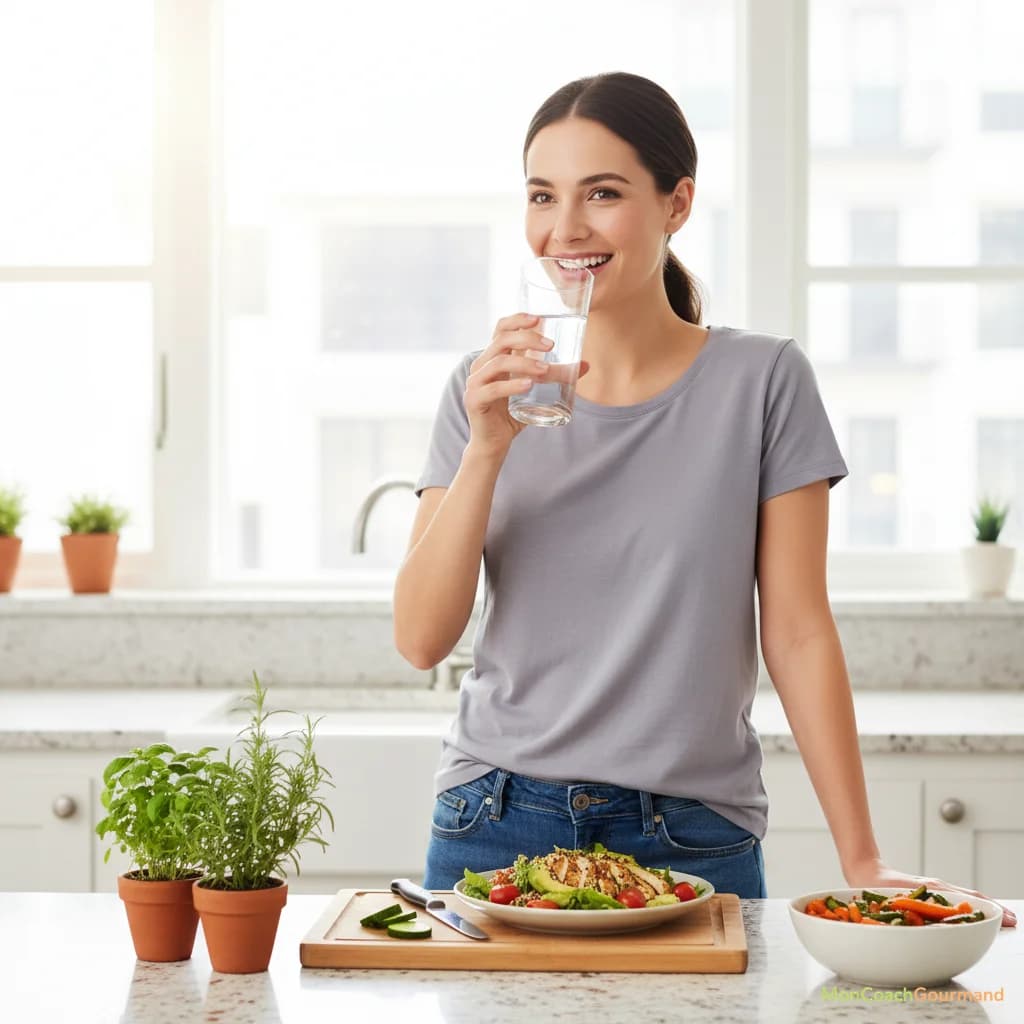 Une personne souriante buvant un verre d'eau après avoir préparé un repas sain, illustrant la synergie entre alimentation et hydratation.