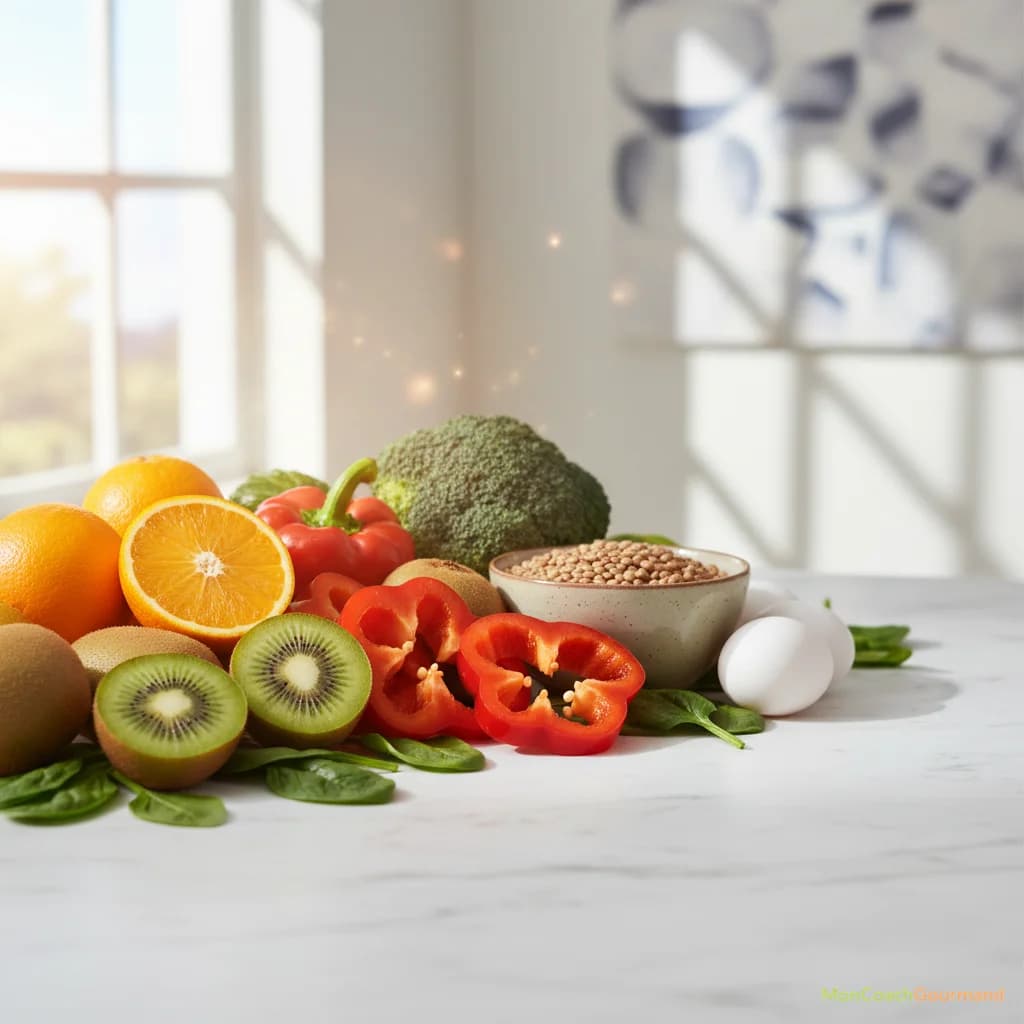 Un assortiment de fruits et légumes riches en vitamine C, et des sources de vitamines B9 et B12 comme des légumes verts foncés et des œufs, symbolisant l'énergie cellulaire et la vitalité.