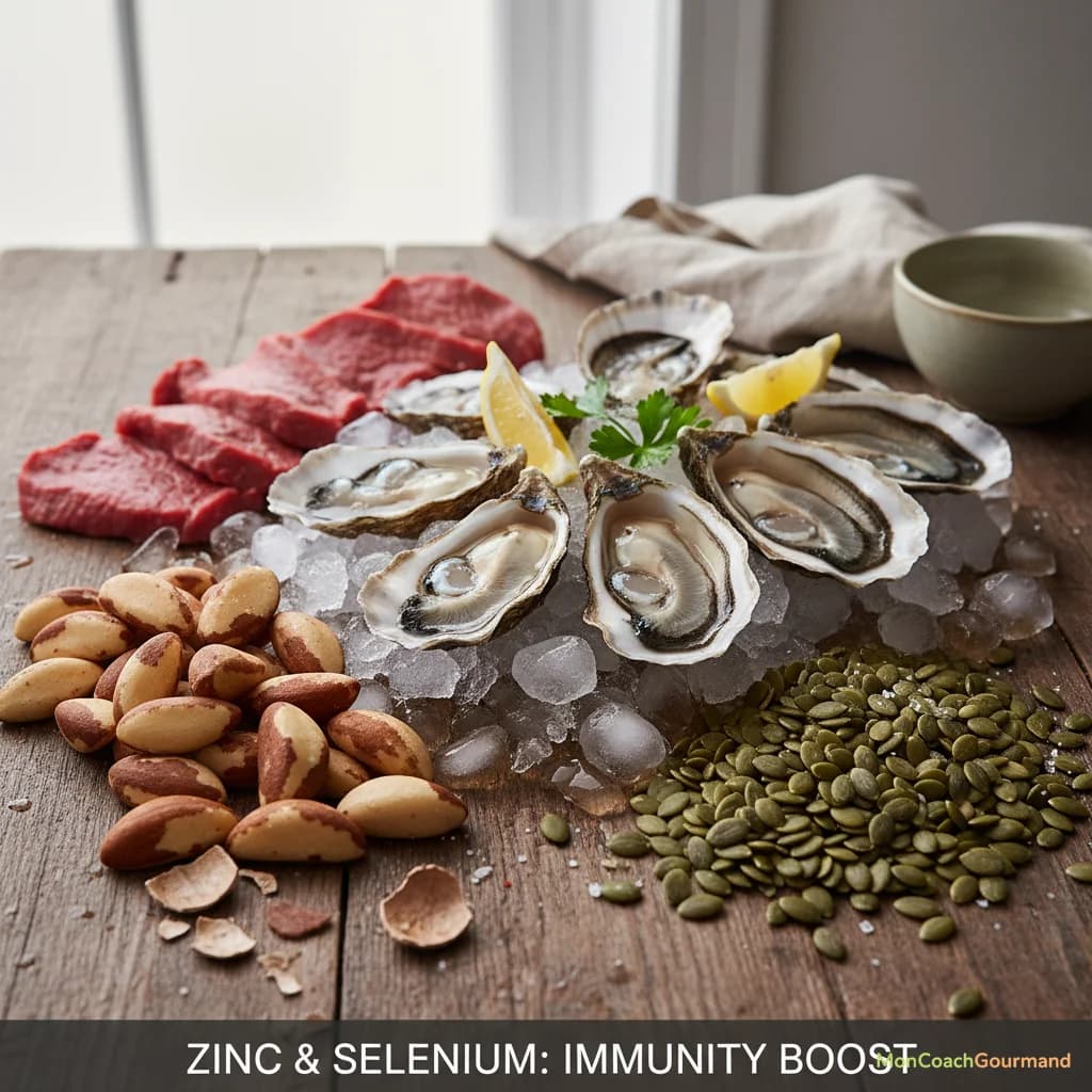Des noix du Brésil, des fruits de mer, des graines de courge et d'autres aliments riches en zinc et sélénium, symbolisant une immunité renforcée et une protection cellulaire.