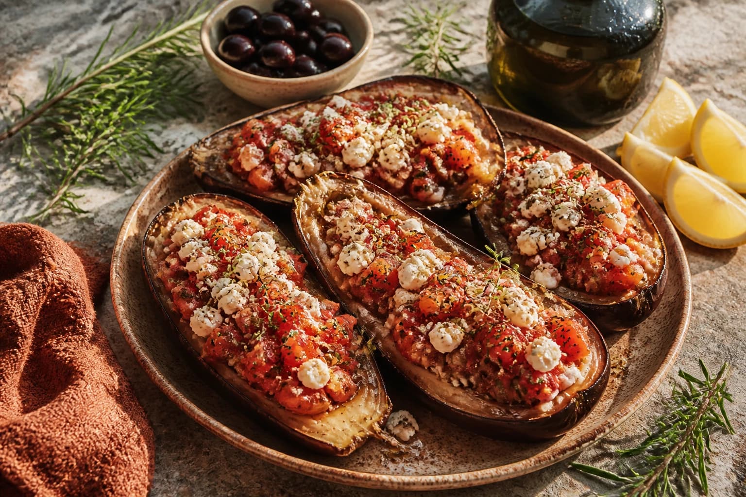 Etape 3 : Garnir de tomates et feta — Aubergine grillée à la feta : le plat fondant et fumé