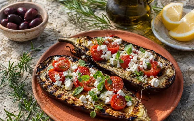 Aubergine grillée à la feta, tranches fumées et fondantes avec fromage grec crémeux