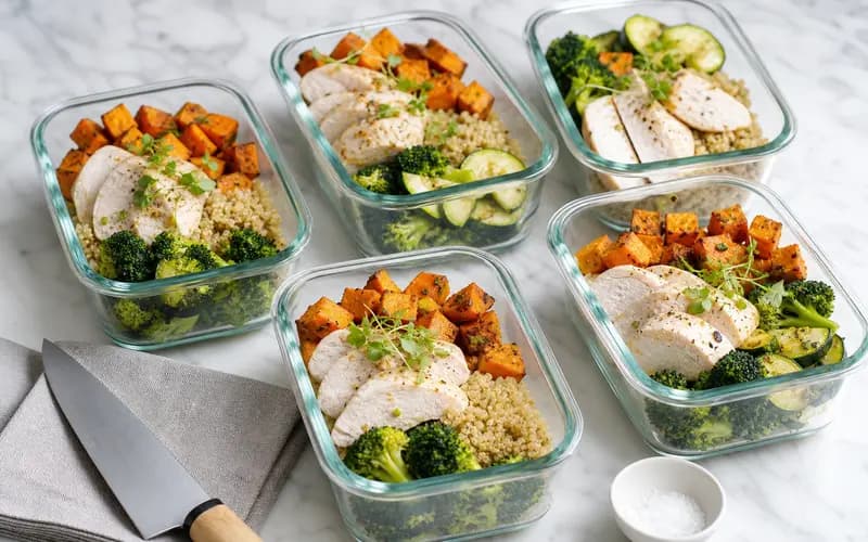 Cinq bowls de batch cooking minceur alignés avec quinoa, poulet vapeur, brocoli et patate douce dans des contenants hermétiques