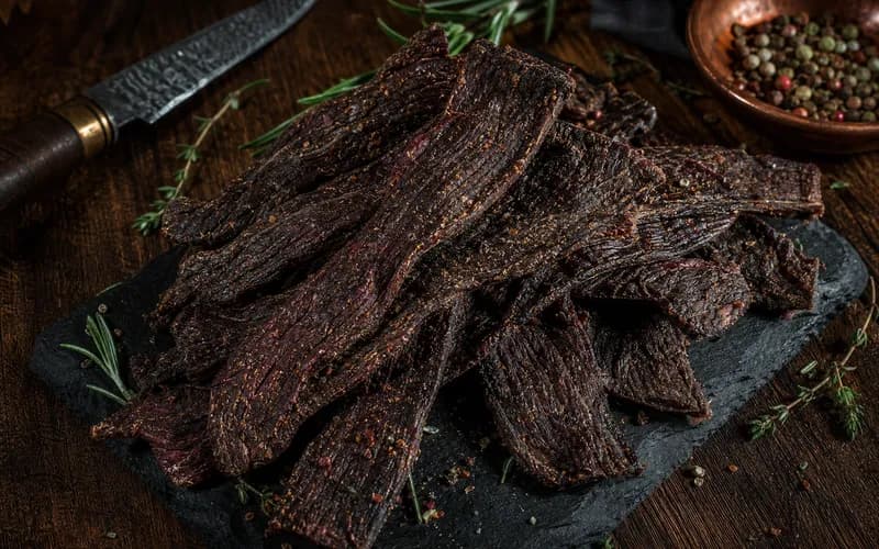 Beef jerky keto maison en tranches fines séchées au four, disposé sur une planche en bois