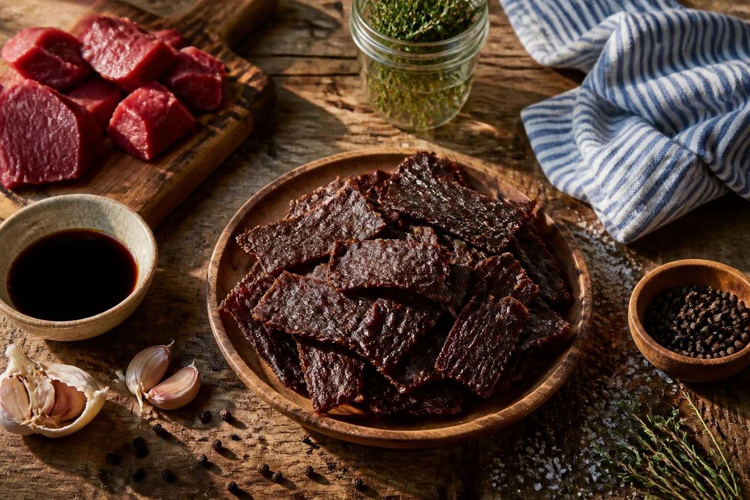 Tranches de beef jerky au poivre noir déposées sur une grille de four, croûte poivrée dorée après 5 heures de séchage