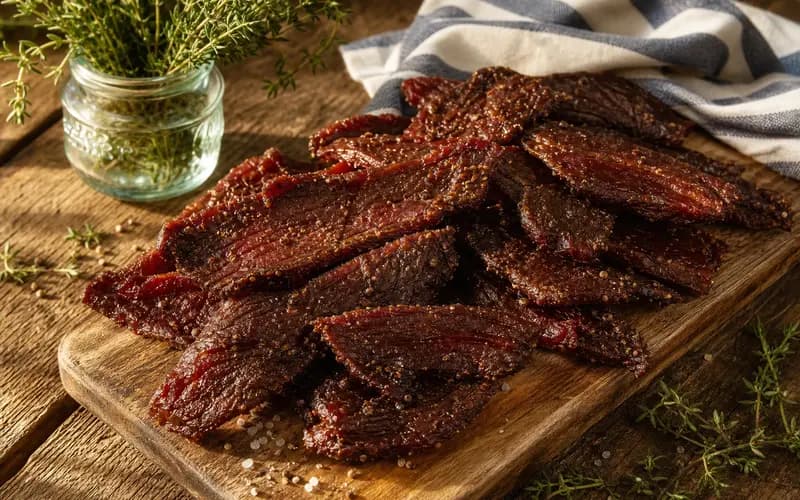 Beef jerky au poivre noir maison disposé en éventail sur une planche en bois, croûte poivrée bien visible
