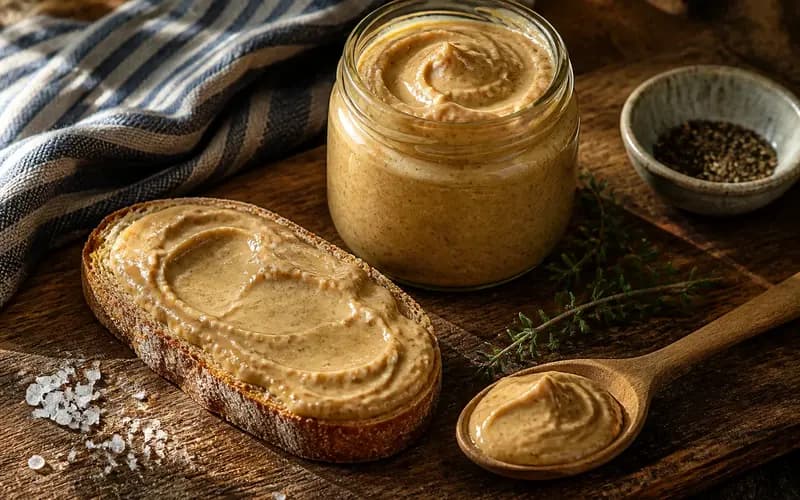 Beurre d'amande maison lisse et beige doré dans un pot en verre avec une cuillère en bois