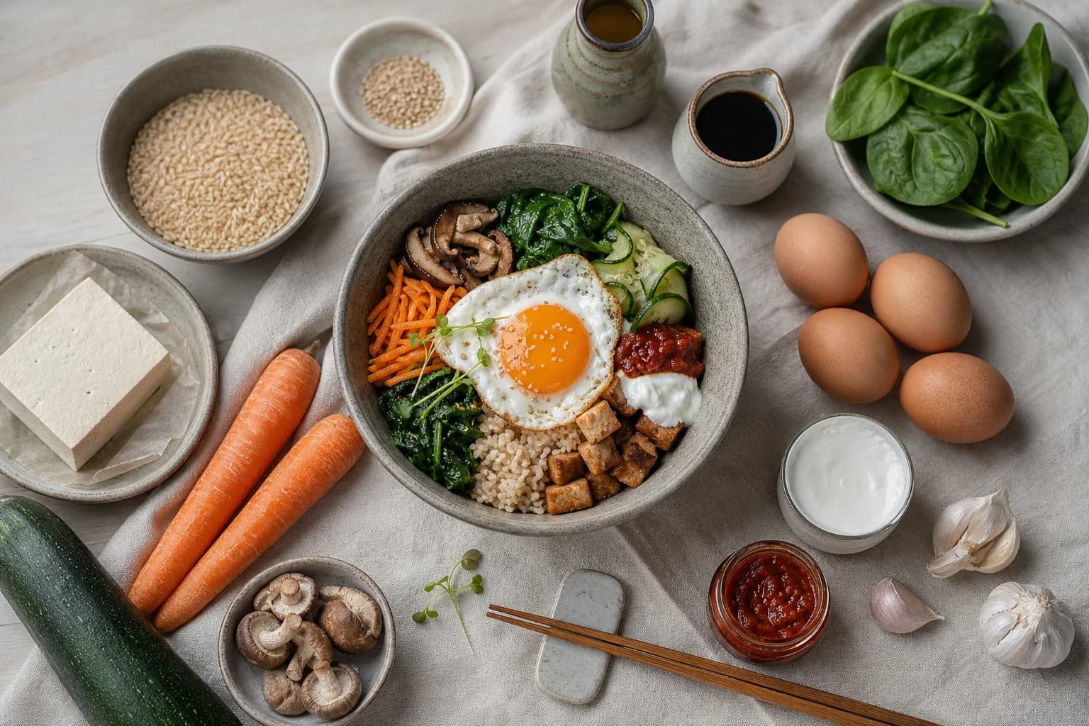 Bibimbap léger coréen au riz complet et légumes croquants, sauce gochujang allégée et œuf poché central
