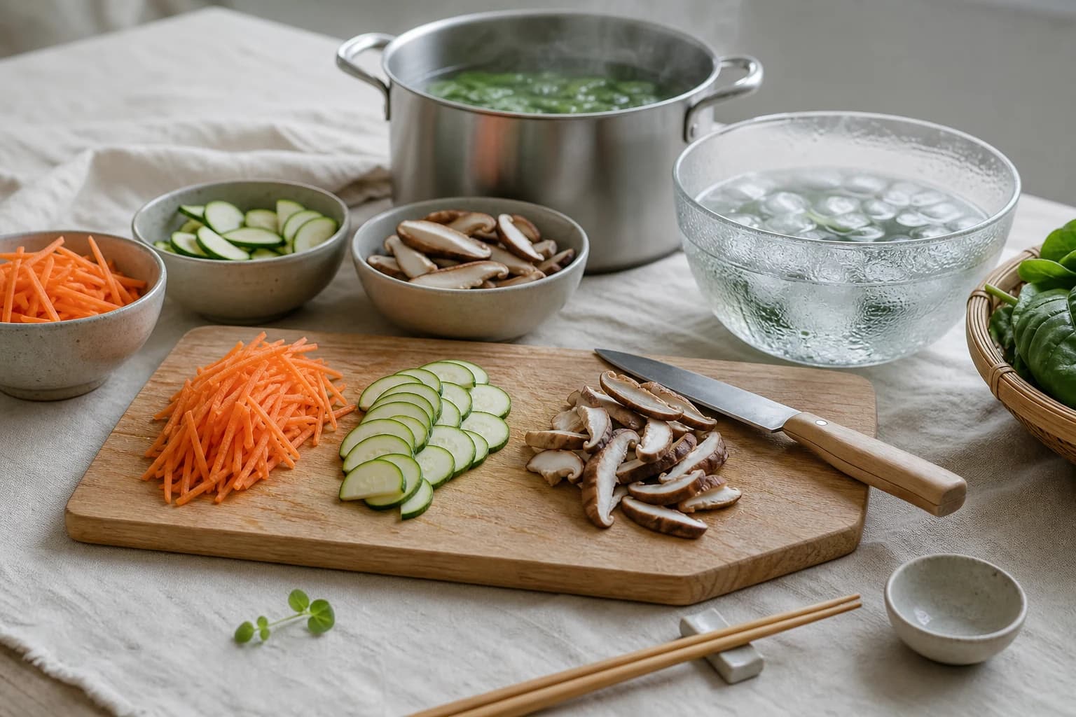 Etape 2 : Tailler et blanchir les légumes — Bibimbap coréen léger & coloré