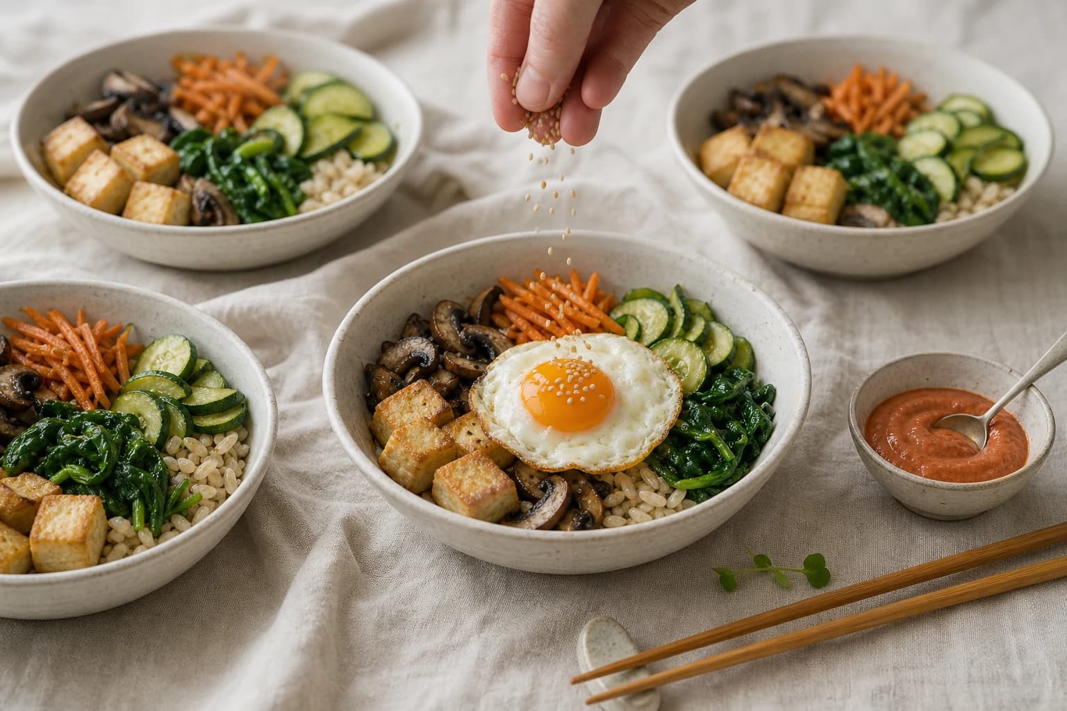Etape 4 : Préparer la sauce et dresser les bols — Bibimbap coréen léger & coloré