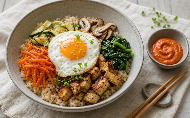 Bol de bibimbap coréen coloré avec riz, légumes croquants assortis, tofu et sauce gochujang au centre