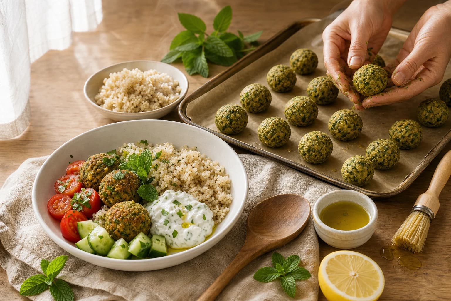 Étape 2 : Cuire le quinoa et façonner les falafels — Bowl falafel, quinoa & tzatziki