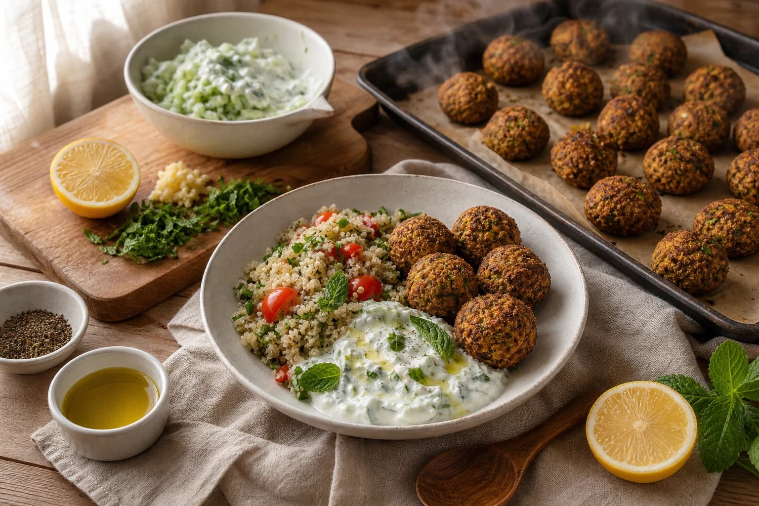 Étape 3 : Cuire les falafels et préparer le tzatziki — Bowl falafel, quinoa & tzatziki
