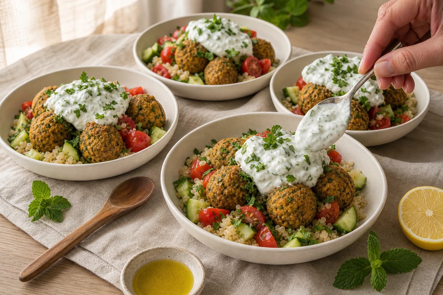 Étape 4 : Assembler les bowls — Bowl falafel, quinoa & tzatziki