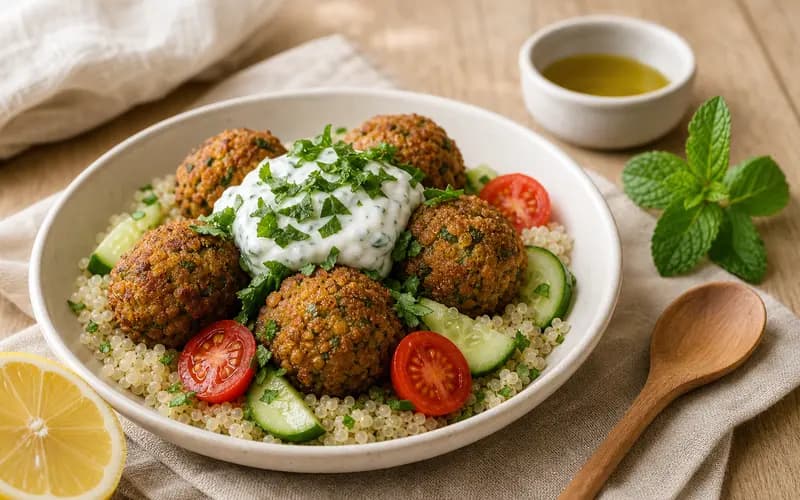 Bowl libanais avec falafels dorés sur quinoa moelleux, tzatziki crémeux et crudités fraîches colorées