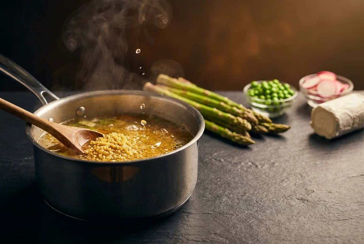 Etape 1 : Cuire le quinoa al dente — Bowl printanier asperges et petits pois (285 kcal, 25 min)