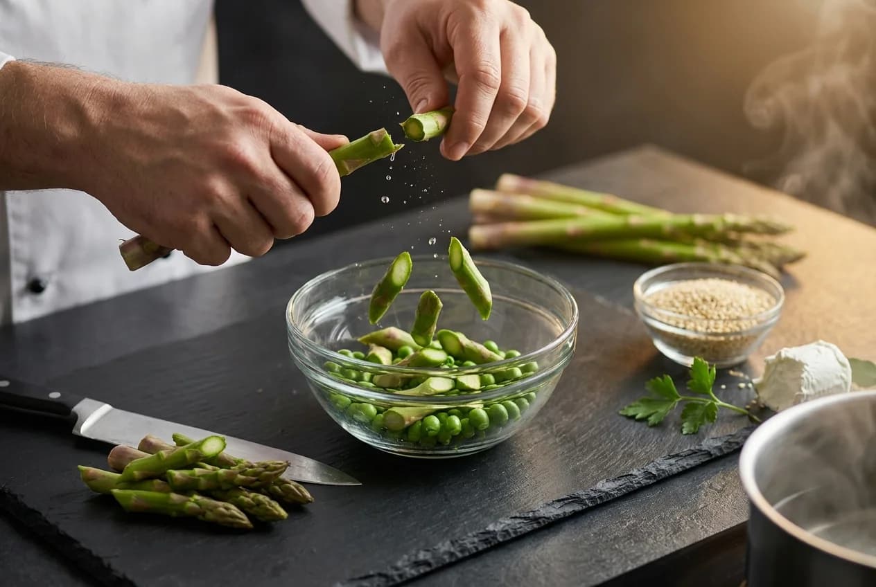 Etape 2 : Préparer les asperges vertes — Bowl printanier asperges et petits pois (285 kcal, 25 min)