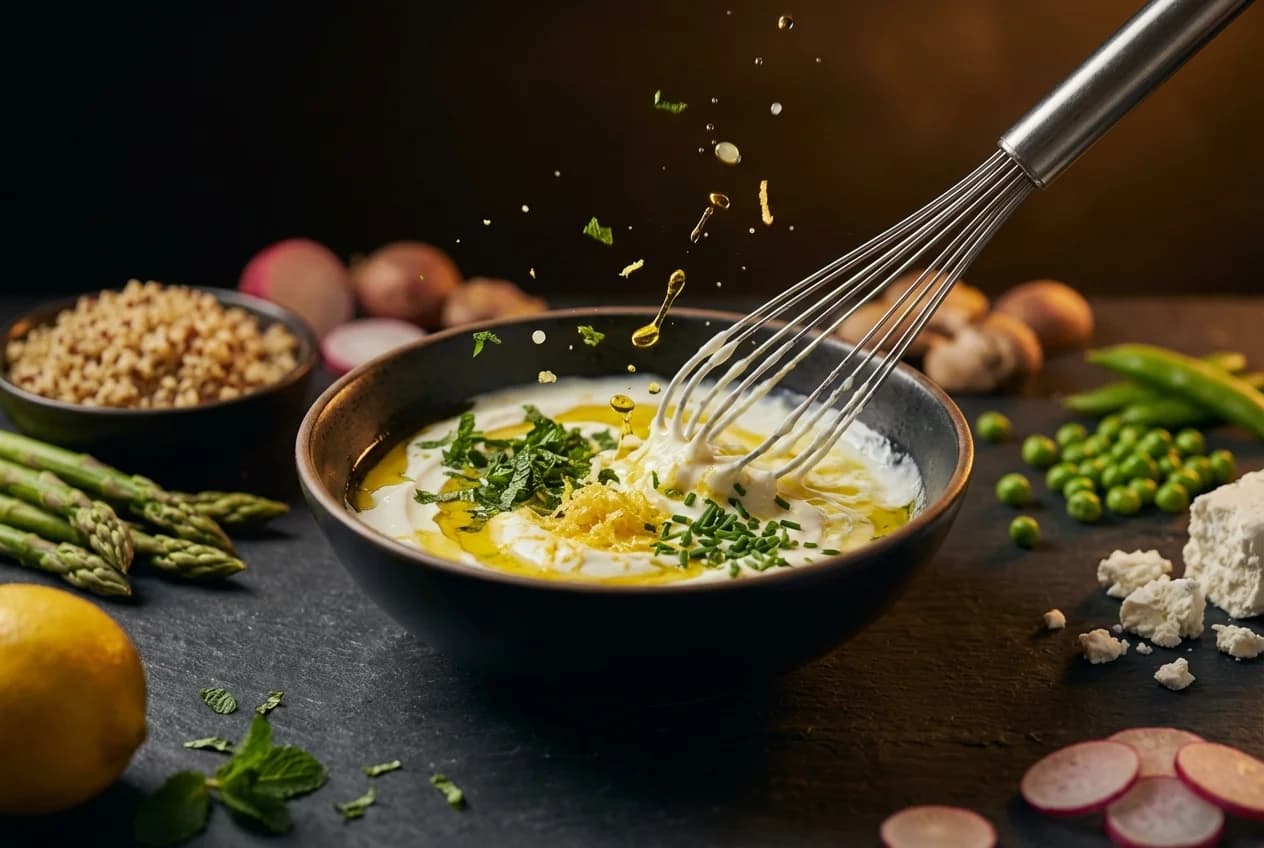 Etape 4 : Monter le dressing yaourt-citron — Bowl printanier asperges et petits pois (285 kcal, 25 min)