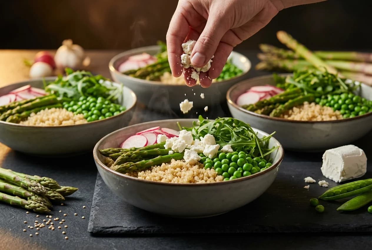 Etape 5 : Assembler les bowls — Bowl printanier asperges et petits pois (285 kcal, 25 min)