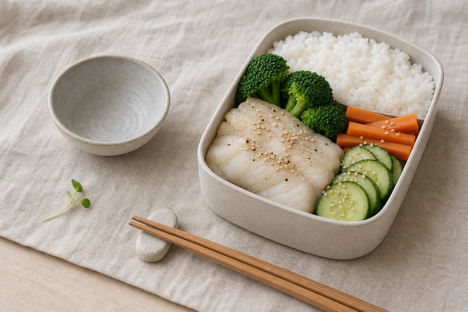 Box bento poisson riz complet : 4 compartiments pour un repas rassasiant