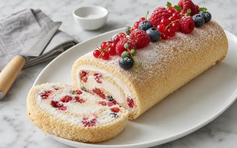 Bûche de Noël au fromage blanc et fruits rouges tranchée sur une assiette blanche, spirale de crème visible