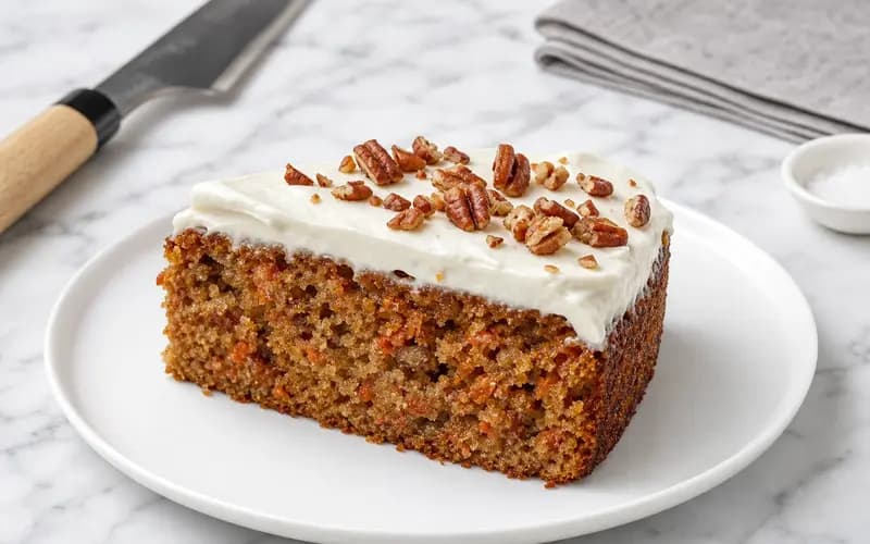 Carrot cake léger sans sucre raffiné, moelleux et glacé au skyr, parsemé de noix de pécan sur assiette blanche