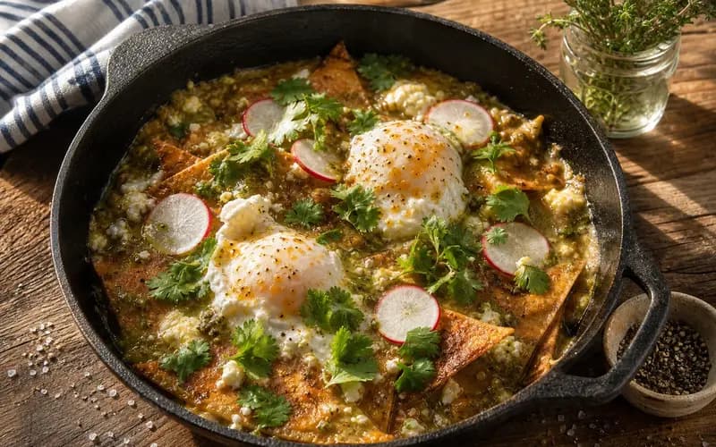 Chilaquiles verts dans un plat allant au four, triangles de tortillas de maïs dans une sauce verte tomatilles avec oeufs pochés et coriandre fraîche