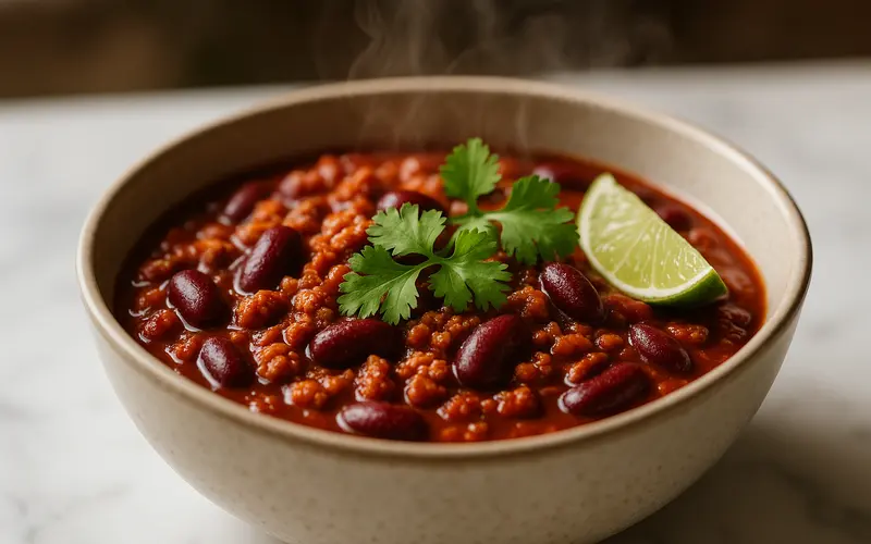 Chili sin carne fondant & épicé, recette mexicaine présentée dans une assiette