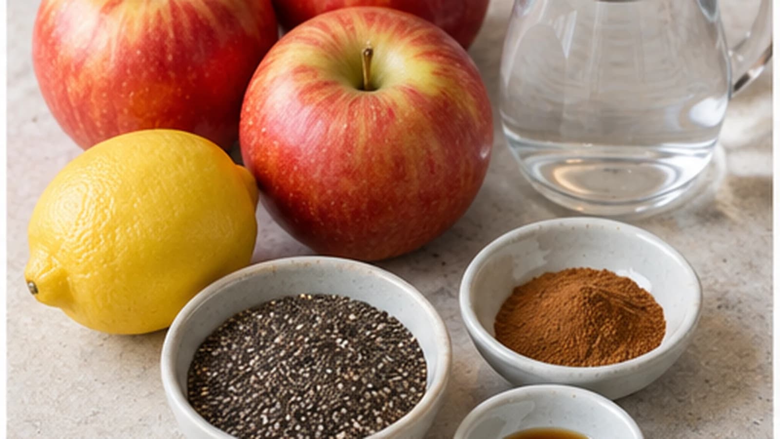 Pommes, cannelle, citron et graines de chia disposés autour d'un bol de compote