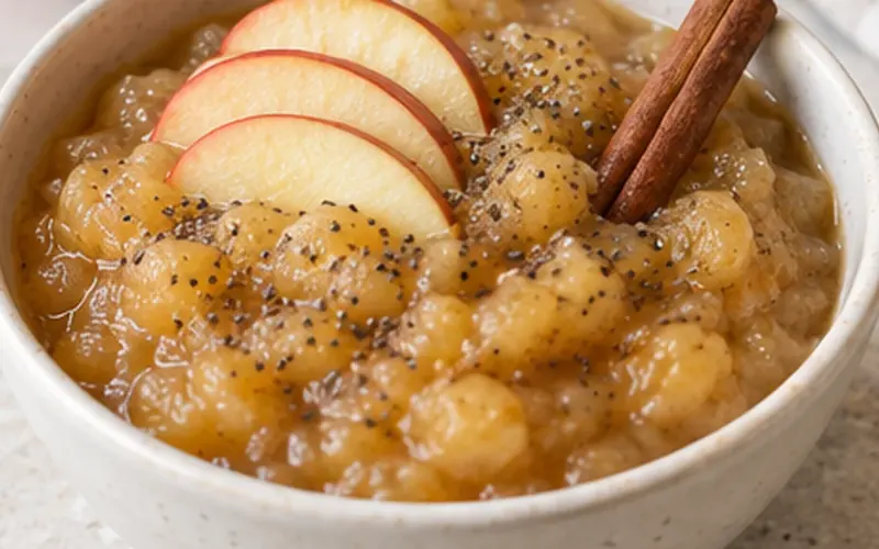 Compote de pomme à la cannelle et aux graines de chia dans un bol clair avec des dés de pomme