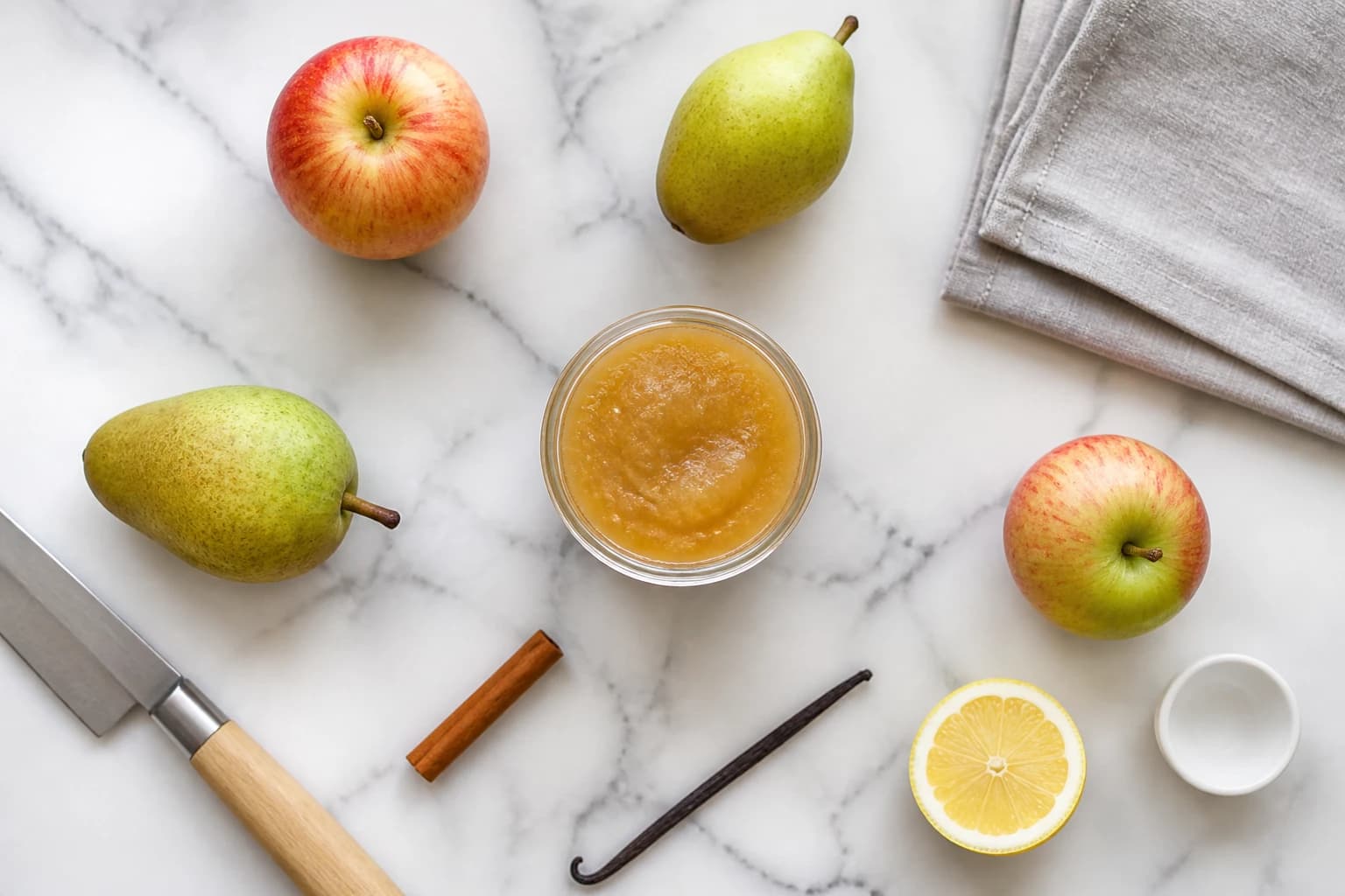 Compote pommes poires sans sucre ajouté servie dans une verrine, parfumée à la cannelle