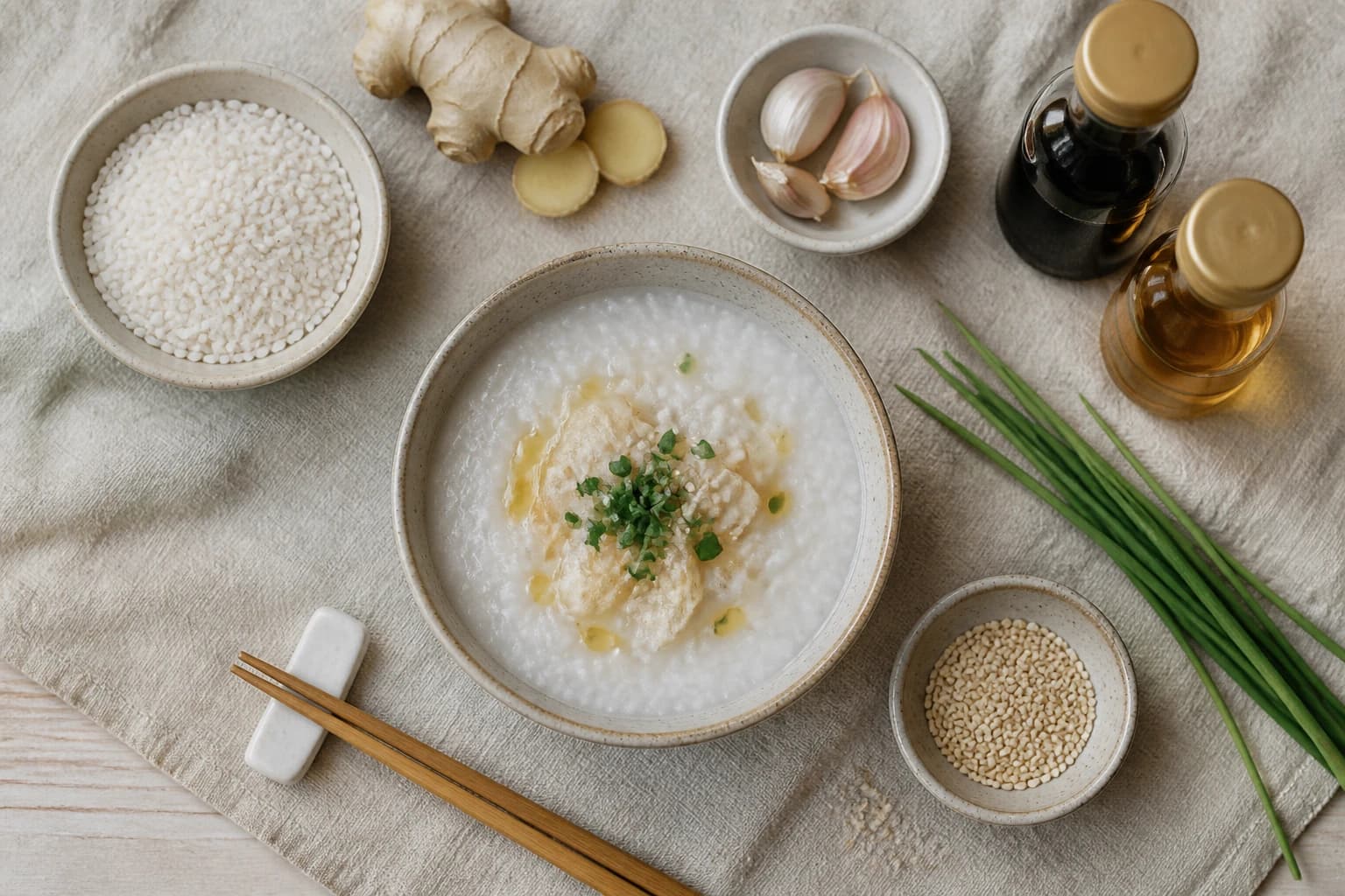 Bol de congee blanc vapeur avec gingembre, ciboulette et huile de sésame