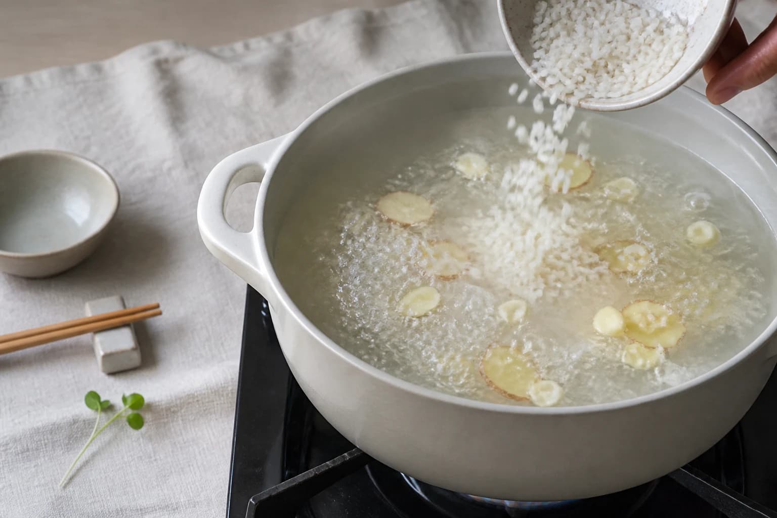 Etape 2 : Démarrage de la cuisson — Congee riz gingembre : le petit-déjeuner japonais