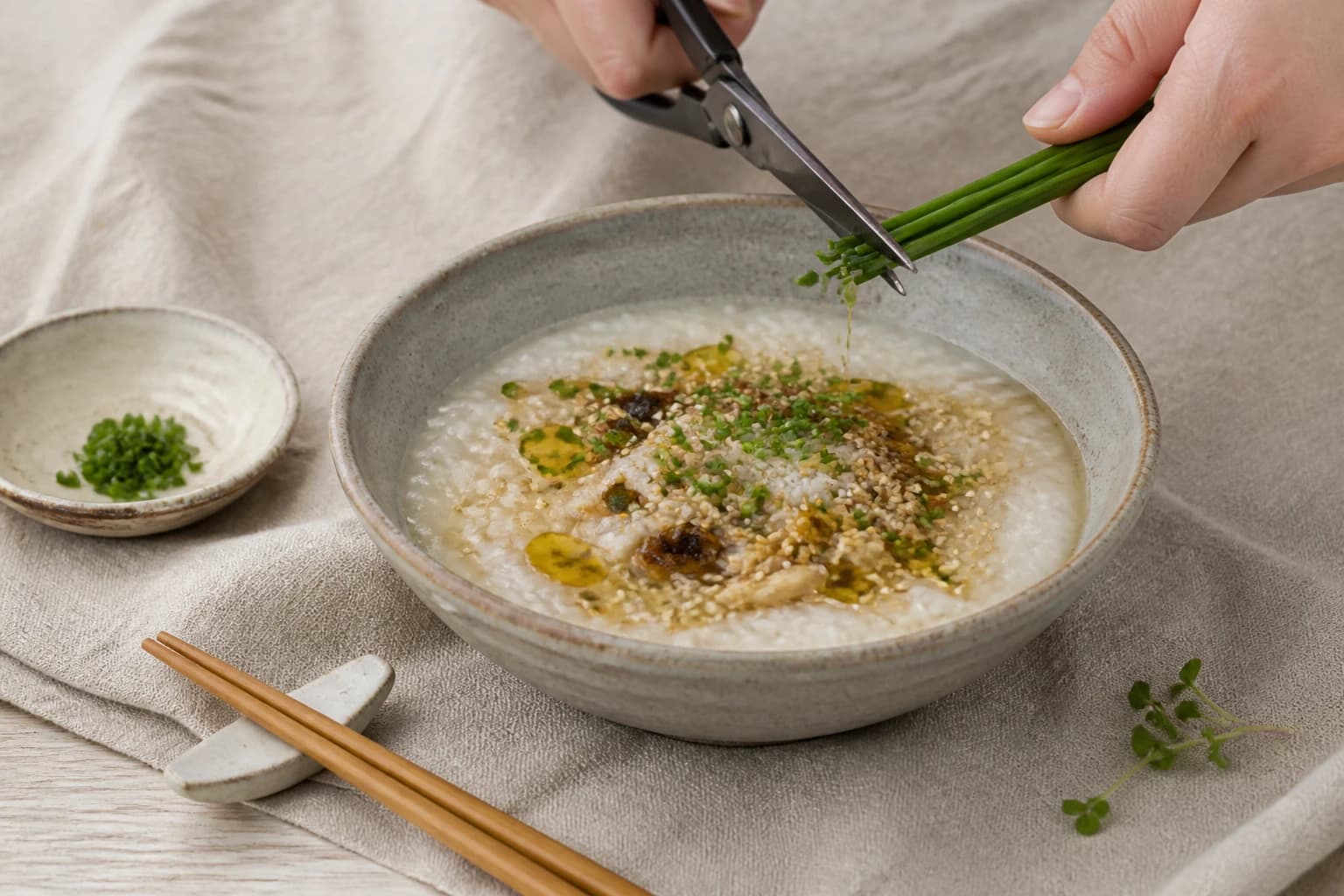 Etape 4 : Service et garnitures — Congee riz gingembre : le petit-déjeuner japonais