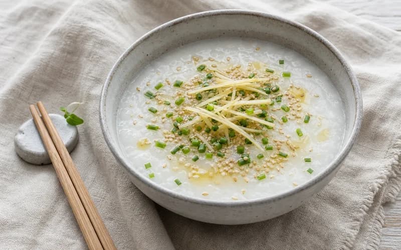 Bol de congee blanc crémeux au gingembre, garni de ciboulette verte et d'un filet d'huile de sésame