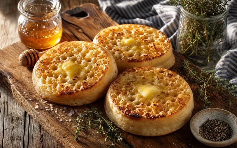 Crumpets maison dorés empilés montrant leurs alvéoles caractéristiques, badigeonnés de beurre fondant